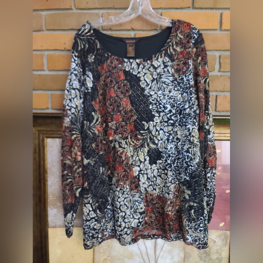Multiples Long Sleeve Floral Patchwork Top in Black, Rust, Cream